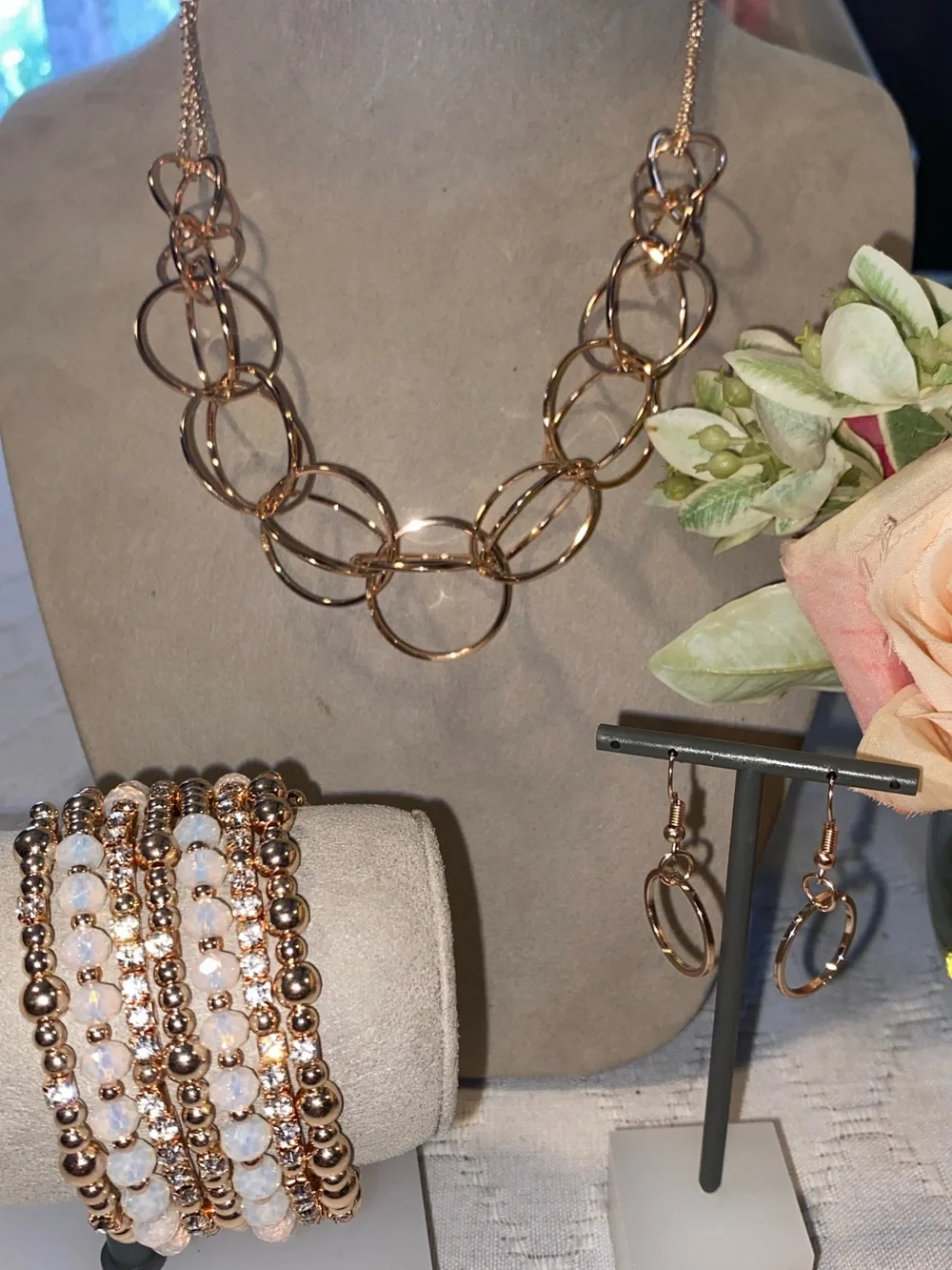 Rose Gold Necklace, Beaded Multi-Strand Bracelet & Hoop Earring Set